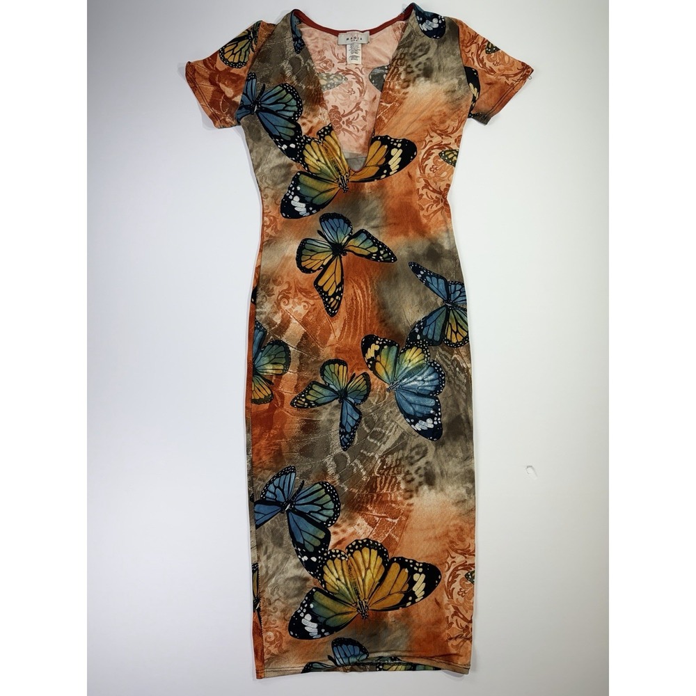 Y2K Magia Butterfly Bodycon Maxi Dress‎ Women's Size Small Brown Orange